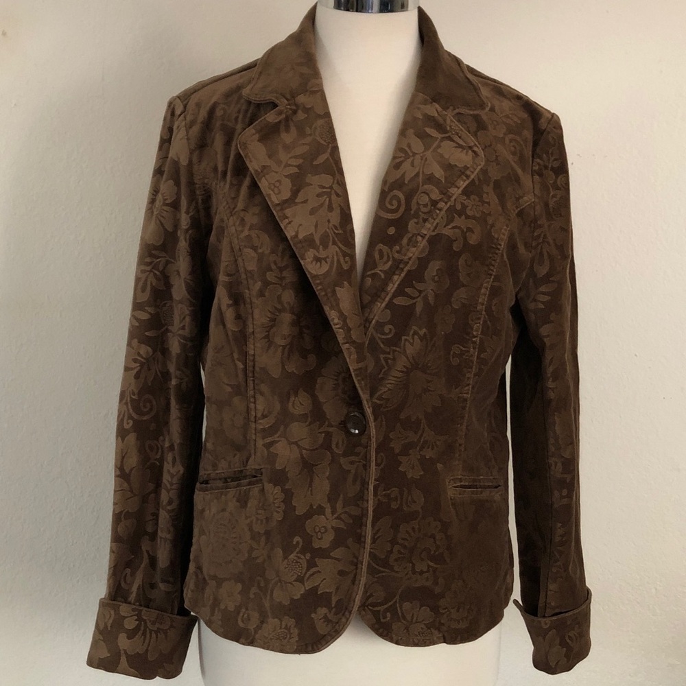 Relativity Brown Floral Burn Out Cotton Velvet blazer Jacket Large